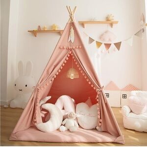 Pink Teepee Tent for Kids with Window and Pompom on the opening